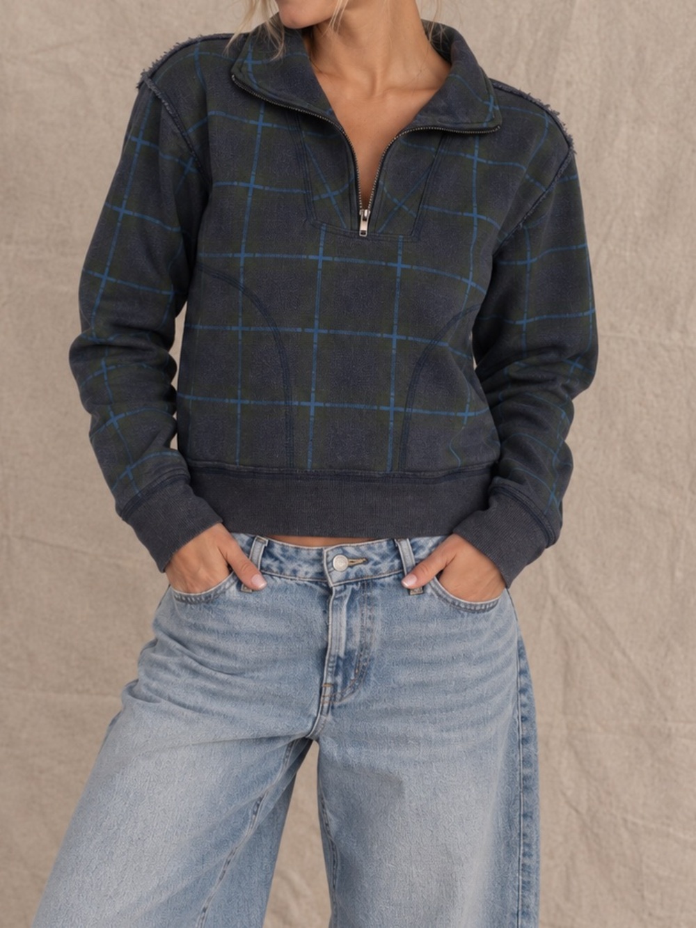 Free People Why Not Plaid Quarter Zip Pullover Small Blue Green